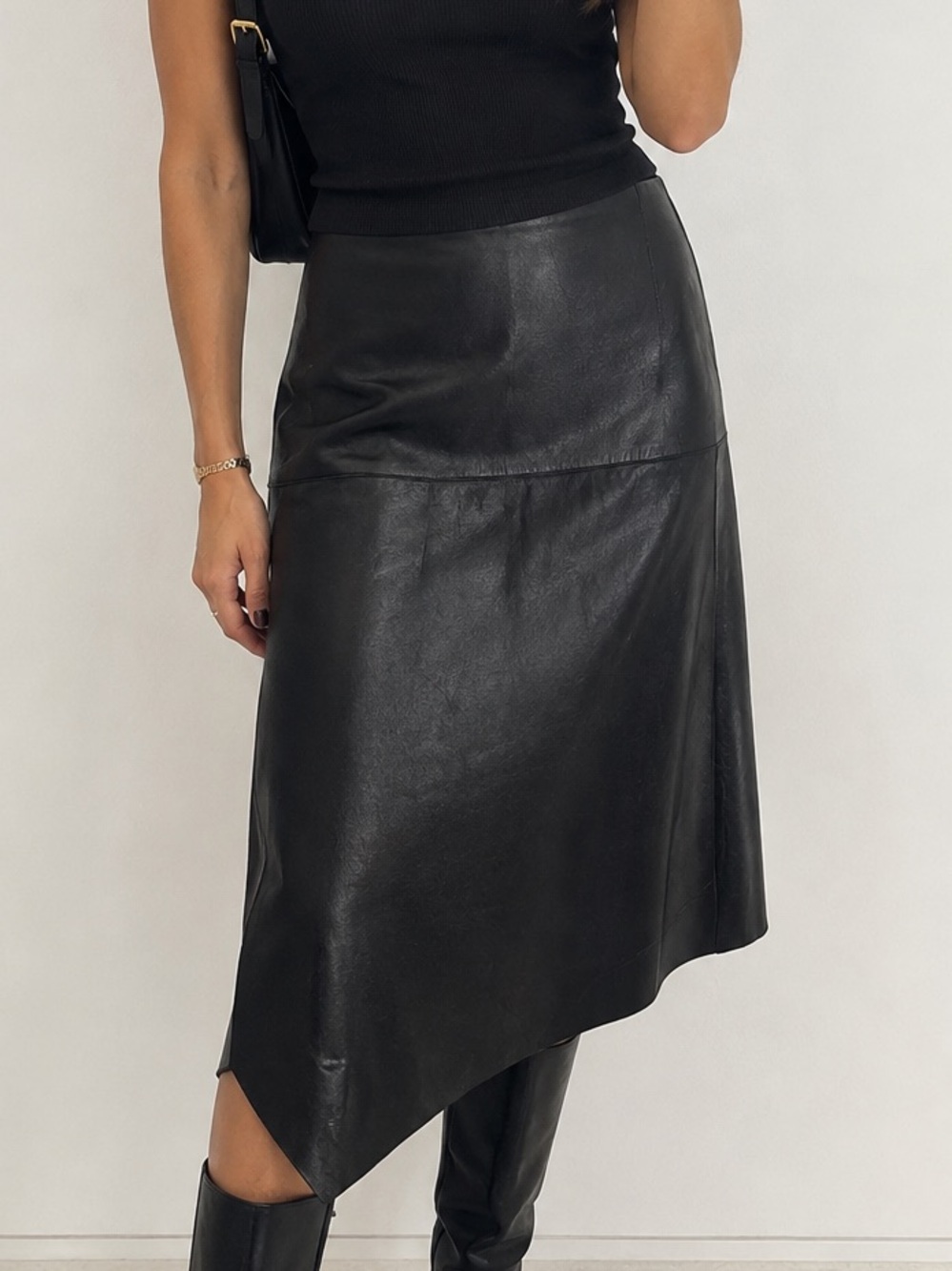 Vintage 90s Belle Sport Genuine Leather Asymmetrical Skirt Black Size 8